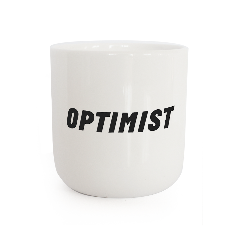 PLTY Mug Tasse Optimist white black font bold cup