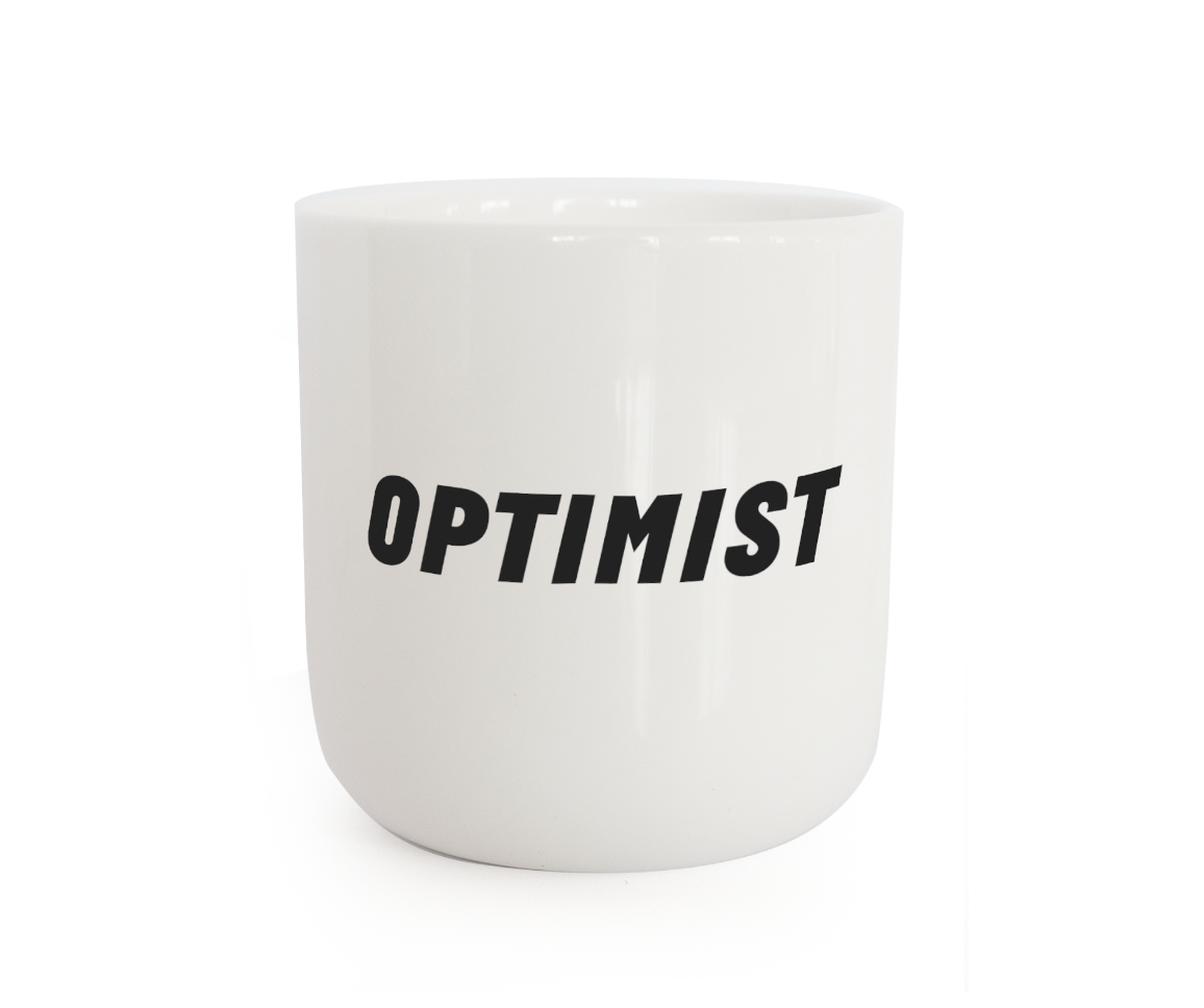 PLTY Mug Tasse Optimist white black font bold cup
